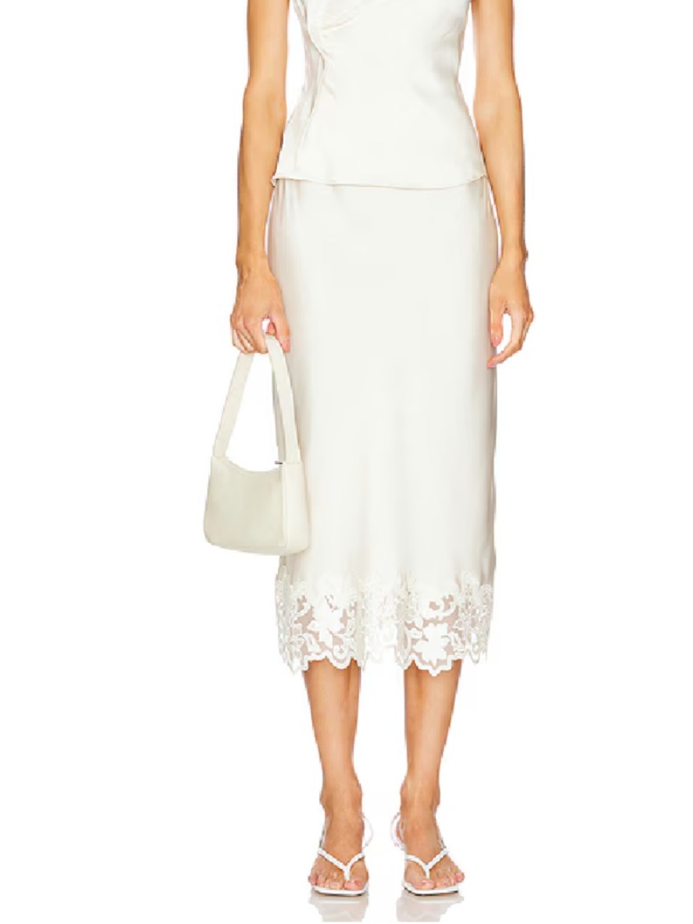 L'Academie Adira satin midi skirt lace trim cream S